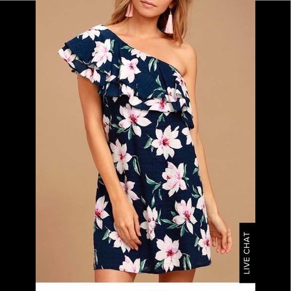 Lulus Dresses & Skirts - Lulu’s Navy Floral Print One Shoulder Ruffle Dress